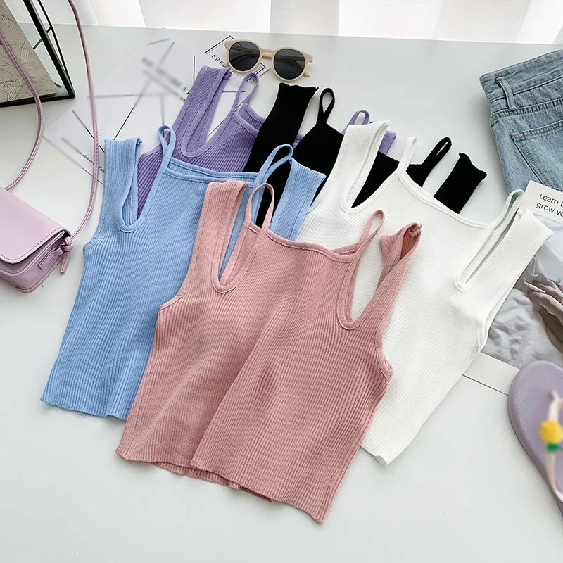 Women Crop Top Solid Color Strapless Slim Sweet Knitted Camisole Neck Sleeveless Knit Top Casual Beach Vest Summer  Clothes