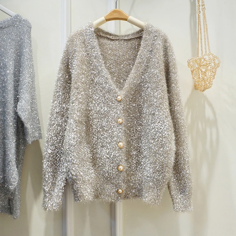 Korean Fashion Knit Sweater V-Neck Shiner Imitated Mink Cashmere Cardigan Pearl Button Design Chic Female Harajuku Sweater Coat