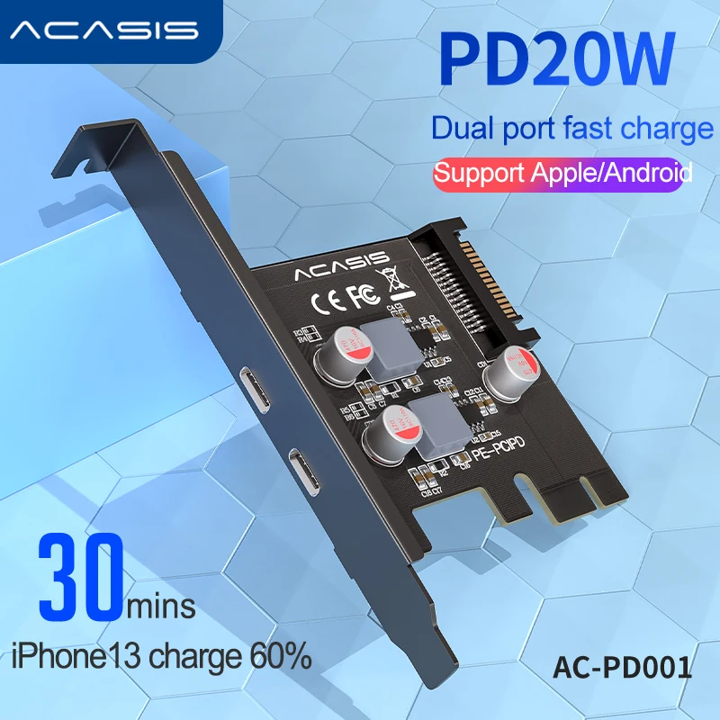 

ACASIS Dual-ports 20W PCIE to PD Adapter Card Type-C Fast Charging Protocol Expansion Card For Apple/Huawei/Xiaomi Computer Host