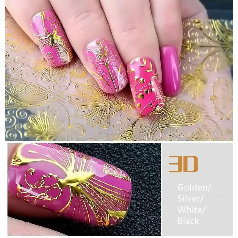 

8 Pcs/set 3D Golden Metallic Stickers White Nail Art Bronzing Decals Slides Blooming Flower Design Self-adhesive Nail Decoration