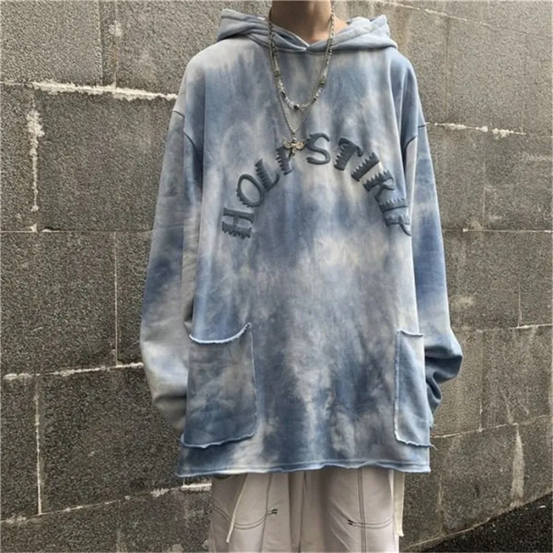 

Cool Korean Tie-Dyed Tops Streetwear Japanese Blue Hip Hop Sweatshirt Men Nice Funny Autumn Harajuku Rock Hoodies Male