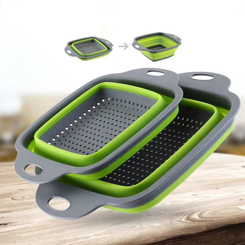 Square Round Shape Drain Basket Collapsible Colanders Foldable Silicone Drain Basket Kitchen Organizer Fruit Vegetable Baskets