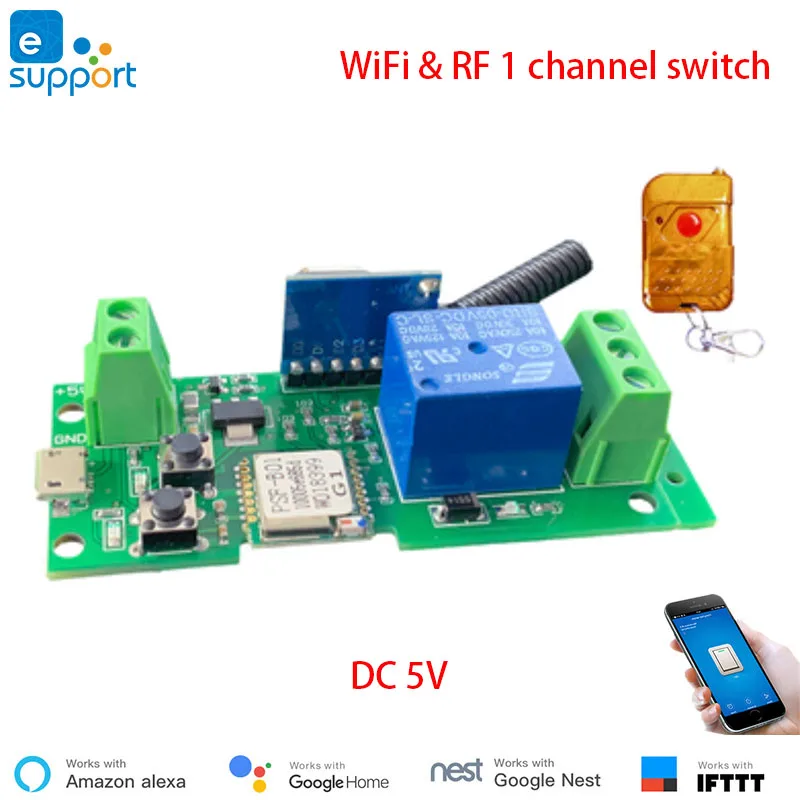 eWelink 1 channel Wifi Switch,USB 5V DIY WiFi RF433 switch module,Inching,Self locking switch,APP Remote Control work with Alexa