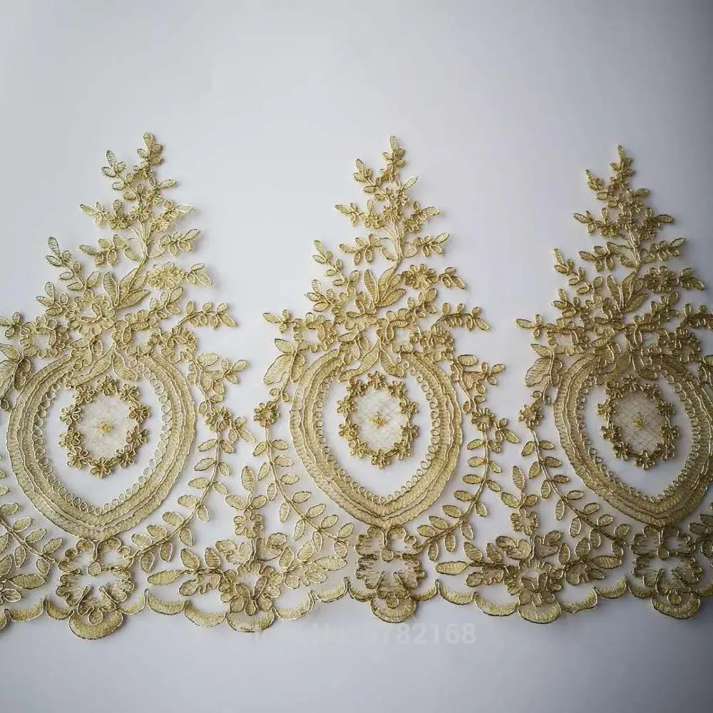 1Yard/ 30cm Hot Sale Light Gold Silver Mesh Lace Trim Luxury Embroidery Light Gold Lace Fabric for Wedding Dresses