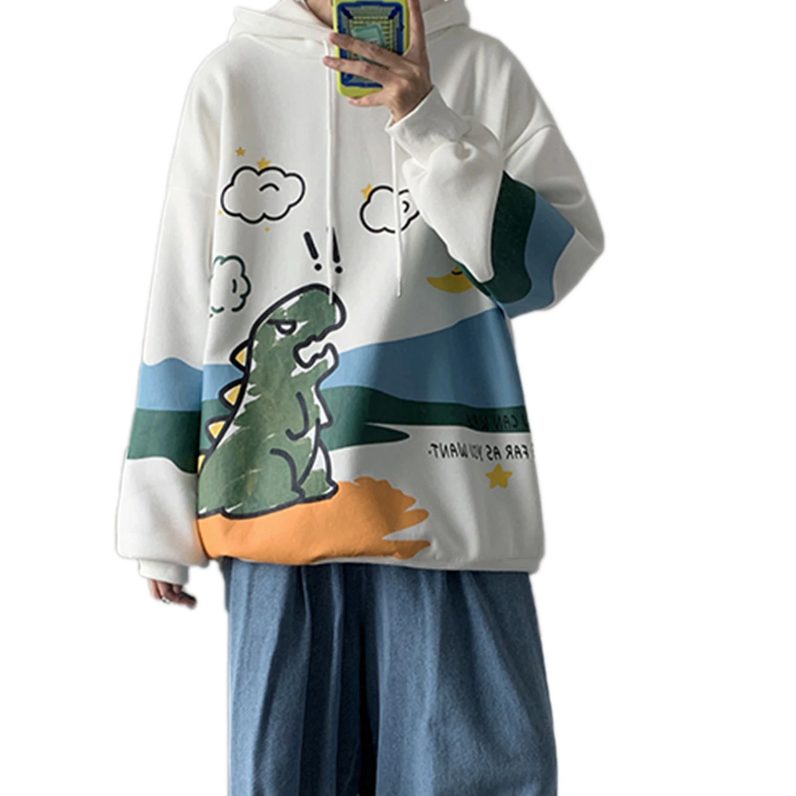 Men Winter Cartoon Dinosaur Print Pullover Long Sleeve Sweatshirt Loose Hoodie