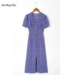 SheMujerSky Summer Short Sleeve V-neck Midi Dress Women Floral Print Purple Dresses robe longue