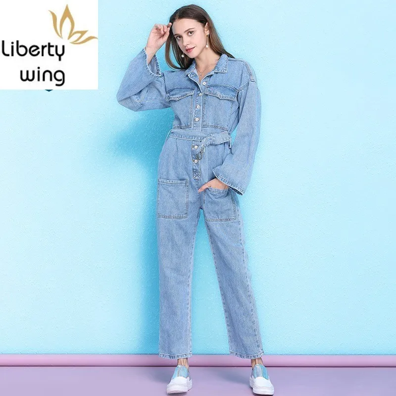 New Denim With Belt Women Boyfriend Style Summer High Waist Overalls Ladies Loose Jeans Jumpsuits Rompers Female