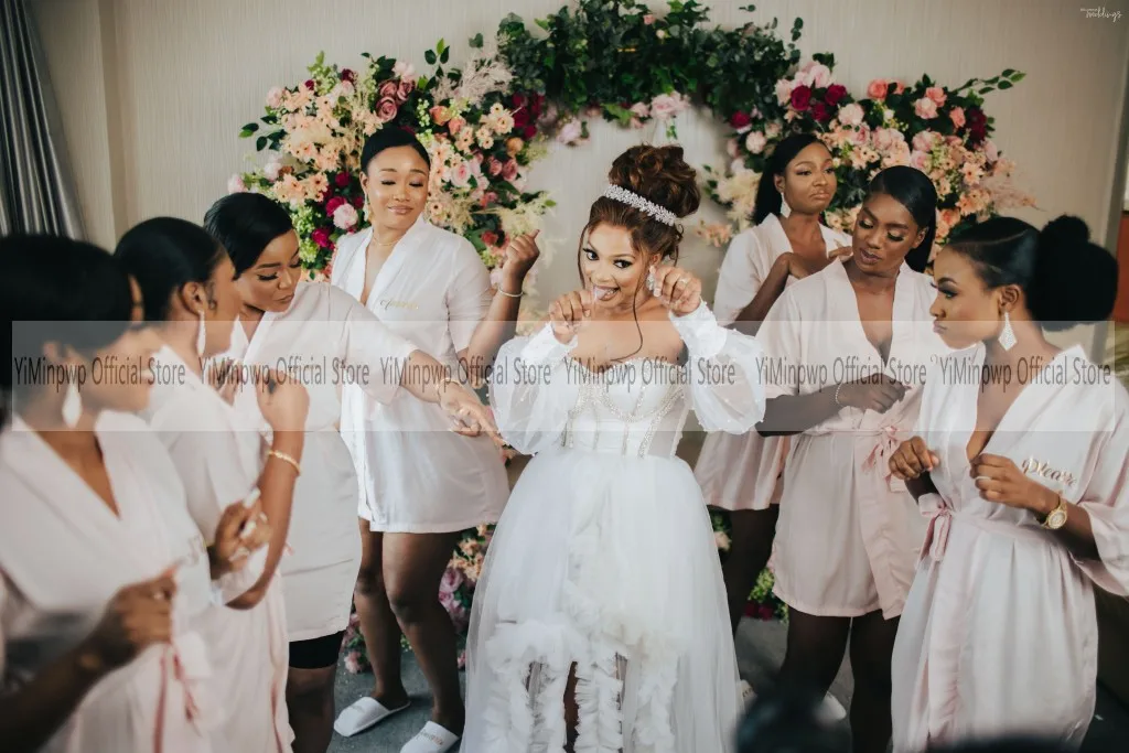 Süße Braut Roben für Hochzeiten Off Schulter Lange Hülse Seite Split Sweep Zug Geraffte Perlen Braut zu Werden Empfang Kleid