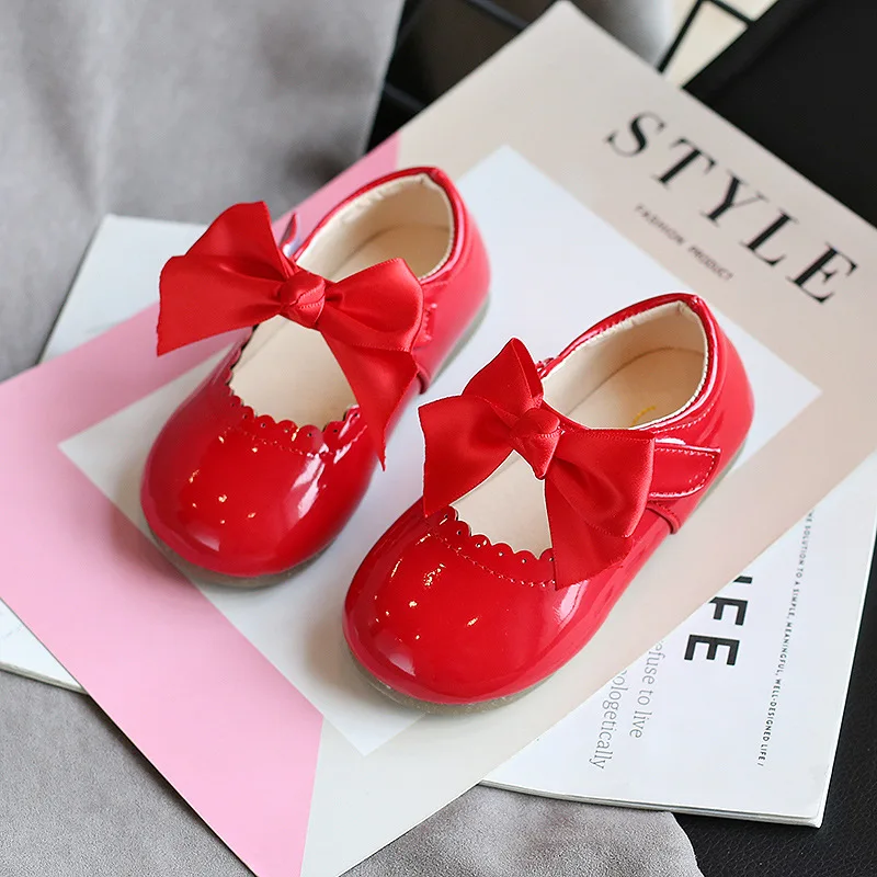 Princess Girls Shoes Toddlers Infants Leather Shoes Children\'s Flats With Ribbon Bow-knot PU Patent Leather Kids Mary Janes Soft