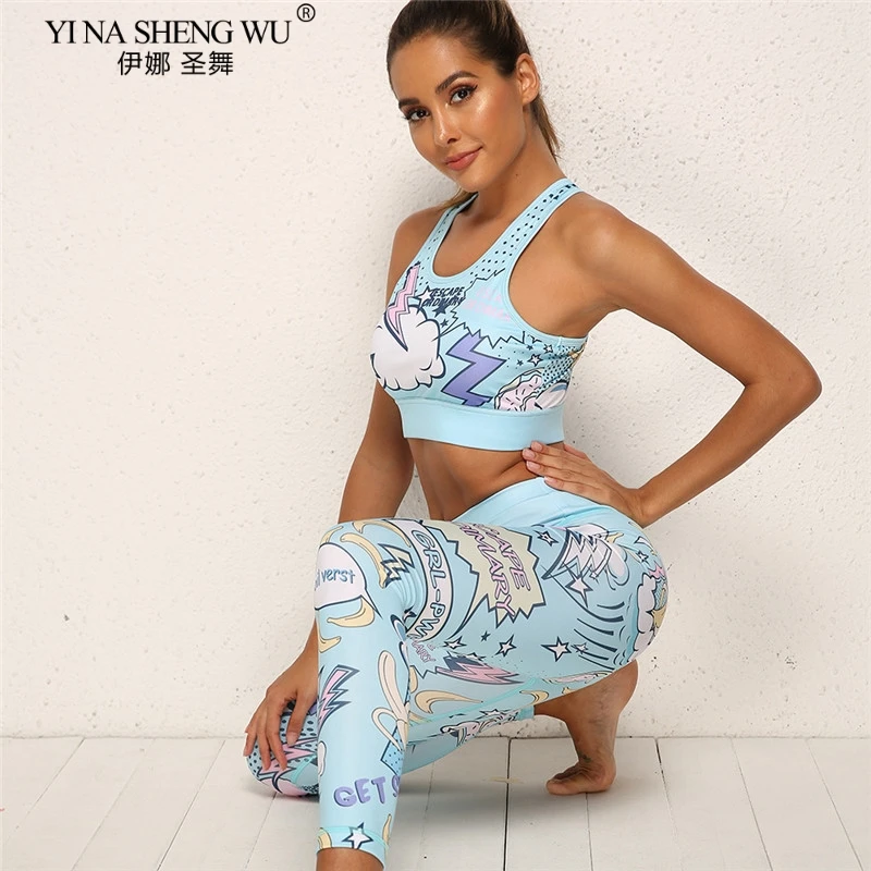 Donne stampa Cartoon Pattern Boom Running Yoga tute abbigliamento sportivo pantaloni a vita alta Fitness Harajuku Sports Set palestra allenamento