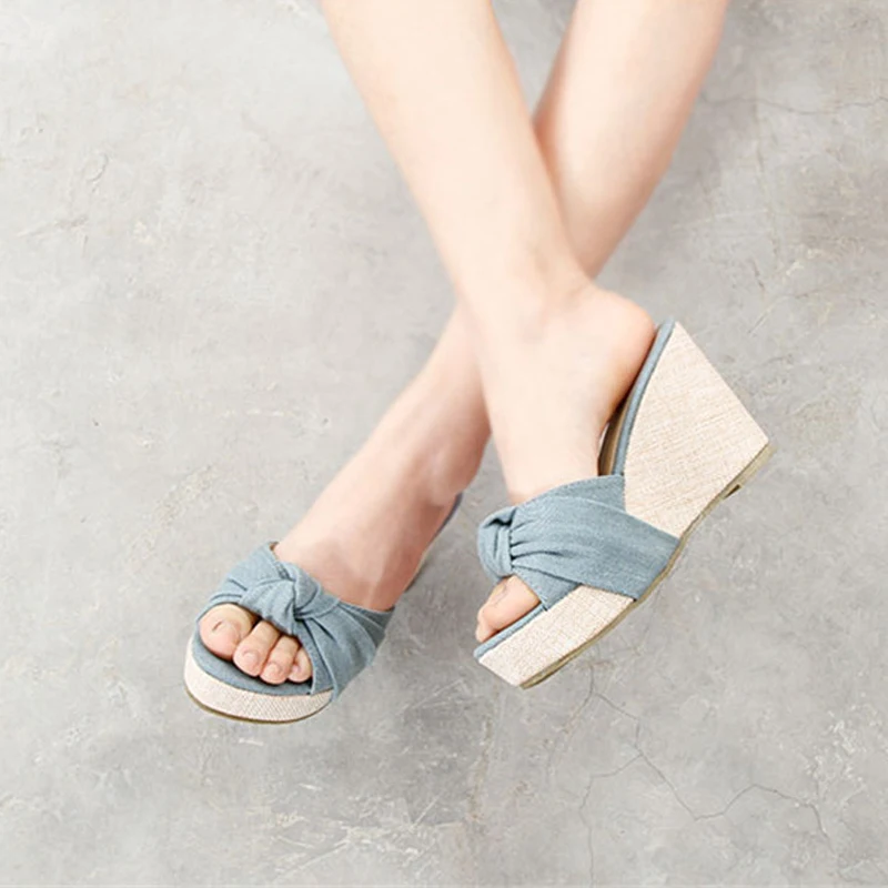 Rome Linen Open Toe High Heels Bow Knot Espadrilles Wedges Sandals Women Shoes 2021 Summer New Fresh Denim Shoes Slippers Women