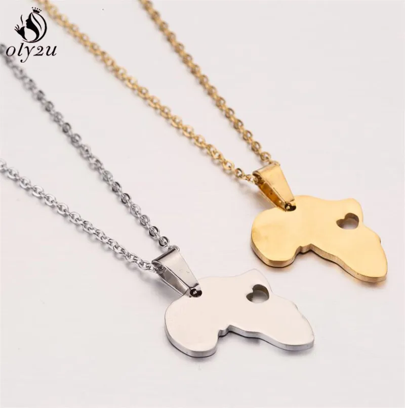 Oly2u Outline Africa Map Necklace Stainless Steel Jewelry for Women Men Simple Adoption Ethiopia Africa Continent Necklace