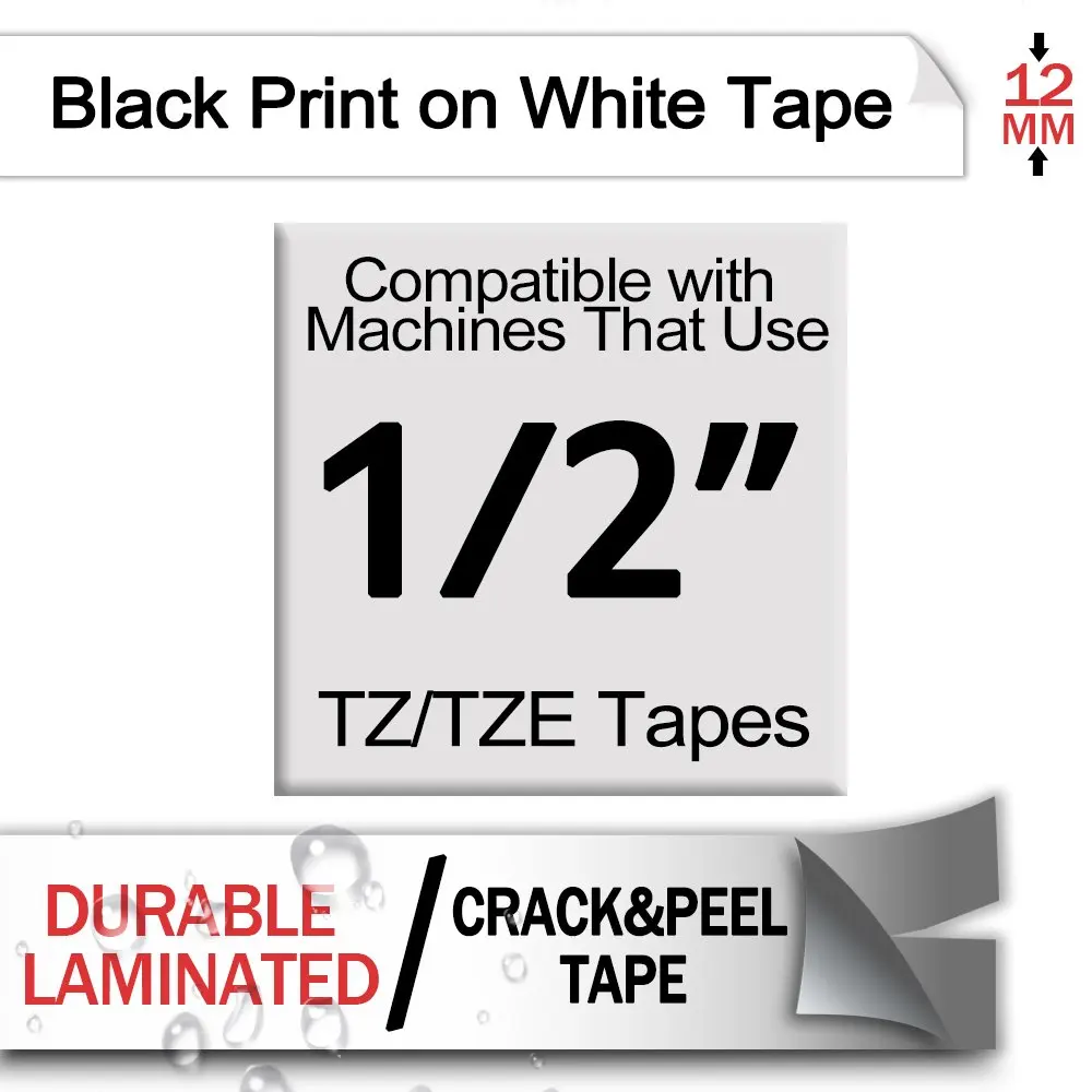 Cinta de etiquetas Compatible con Brother, 1 piezas, tze-231, 12mm, TZe-211, TZe-221, TZe-131, TZe-241, 6/9/12/18/24mm