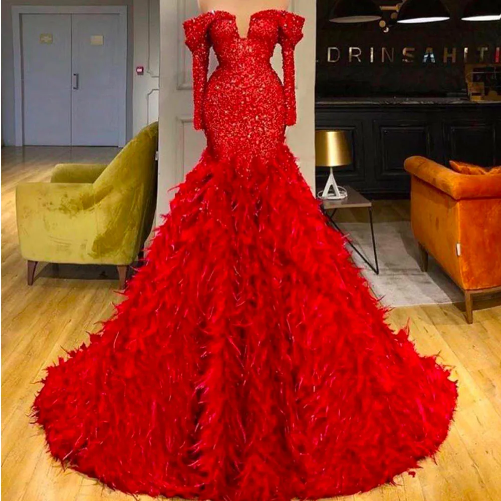 

red prom dresses mermaid sequins sparkly shinning feather long sleeve evening dresses gowns