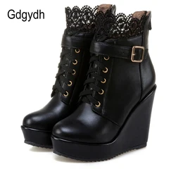 Gdgydh Fashion Lace Black Platform Wedge Ankle Boots For Women Lace Up Bridal Shoes Wedding White Ladies Gothic Punk Shoes Boots