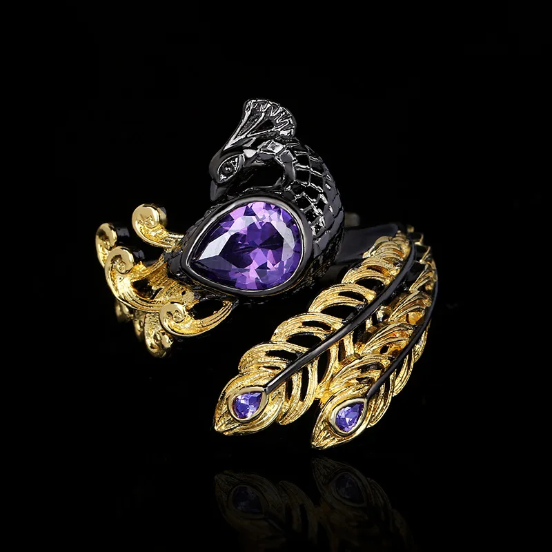 Exquisite 925 Silver Women's Ring Purple Zircon Jewelry Peacock Feather Shape Ring Fashion Black Gold Hollow Ring
