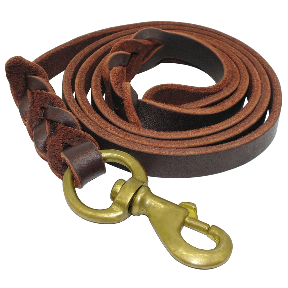 Leather Dog Leash Durable Dog Training Leash Braided Pet Dog Leads Rope for Medium Large Dogs Walking Running Brown