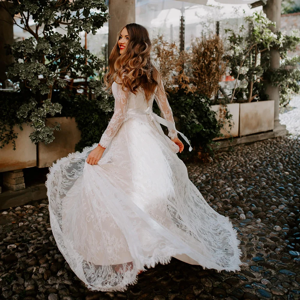 Vestido de boda de encaje de manga larga transparente, corte en A, personalizado, cuello de barco, banda rústica de talla grande, traje nupcial de playa romántico de jardín