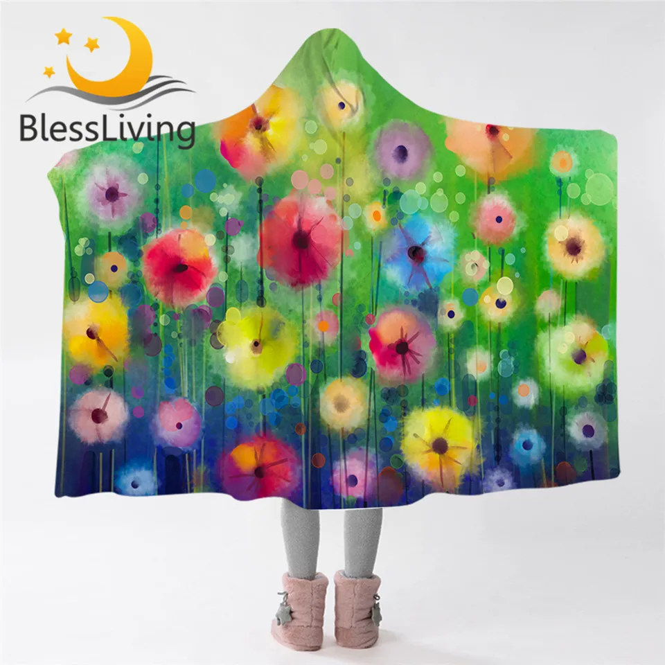 

BlessLiving Floral Hooded Blanket for Adults Colorful Flower Sherpa Fleece Blanket Watercolor Wearable Blanket Luxury Bedding