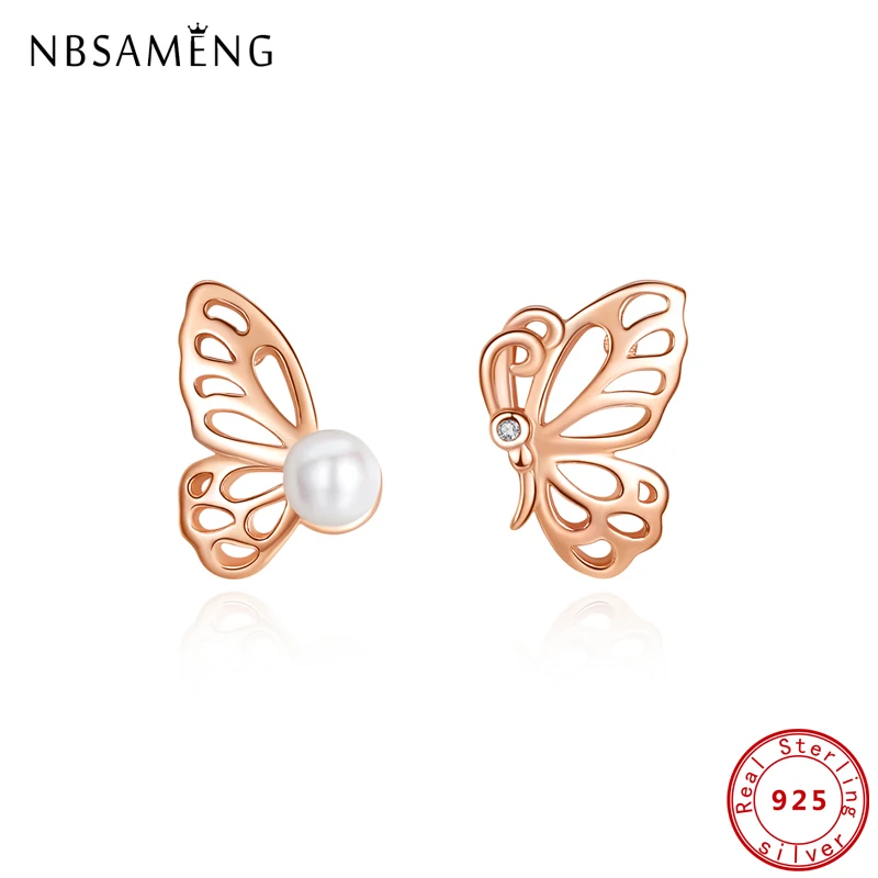 

100% 925 Sterling Silver Earrings For Women Rose Gold Butterfly Stud Earring Small Pearl Earings Women Fine Jewelry