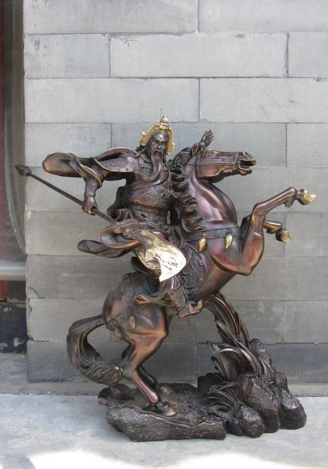 45cm China Red Copper Bronze Ride Horse army general Guan Gong Guan Yu Warrior Statue