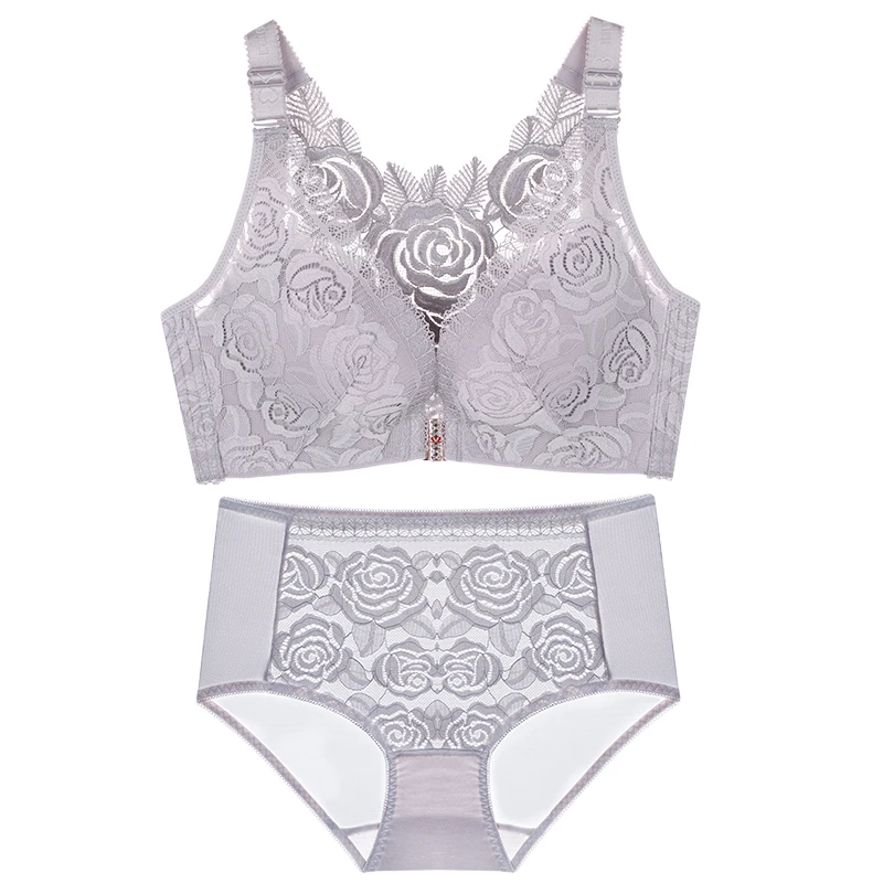 Large size front buckle rose underwear set without steel bracket woman large bra fat MM 200 kg large size bra set 52D 120D