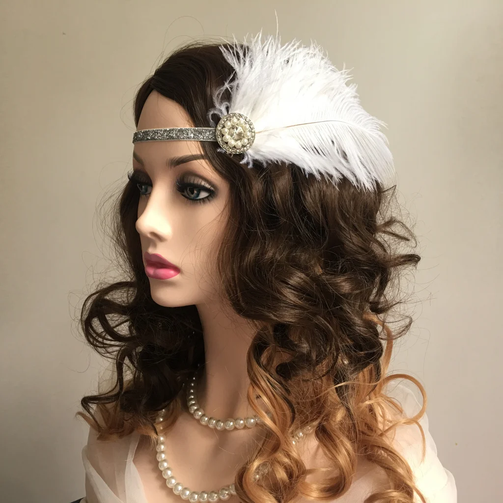 

Feather Headband Wedding Accessories Vintage Bridal Headband Rhinestone Pearls Forehead Bridesmaid Gatsby Party Charleston Party