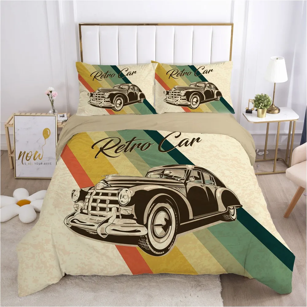 3D Duvet Quilt Cover Set Bedding SetsComforter Bed Linens Pillowcase King Queen Full Double Retro Style Car Red Home Texitle