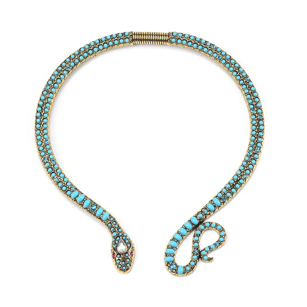 2026 New Boho Ethnic Tribal Snake Shape Open Choker Necklace Women Indian Inlay Resin Stone Pearls Crystal Large Collar Necklace