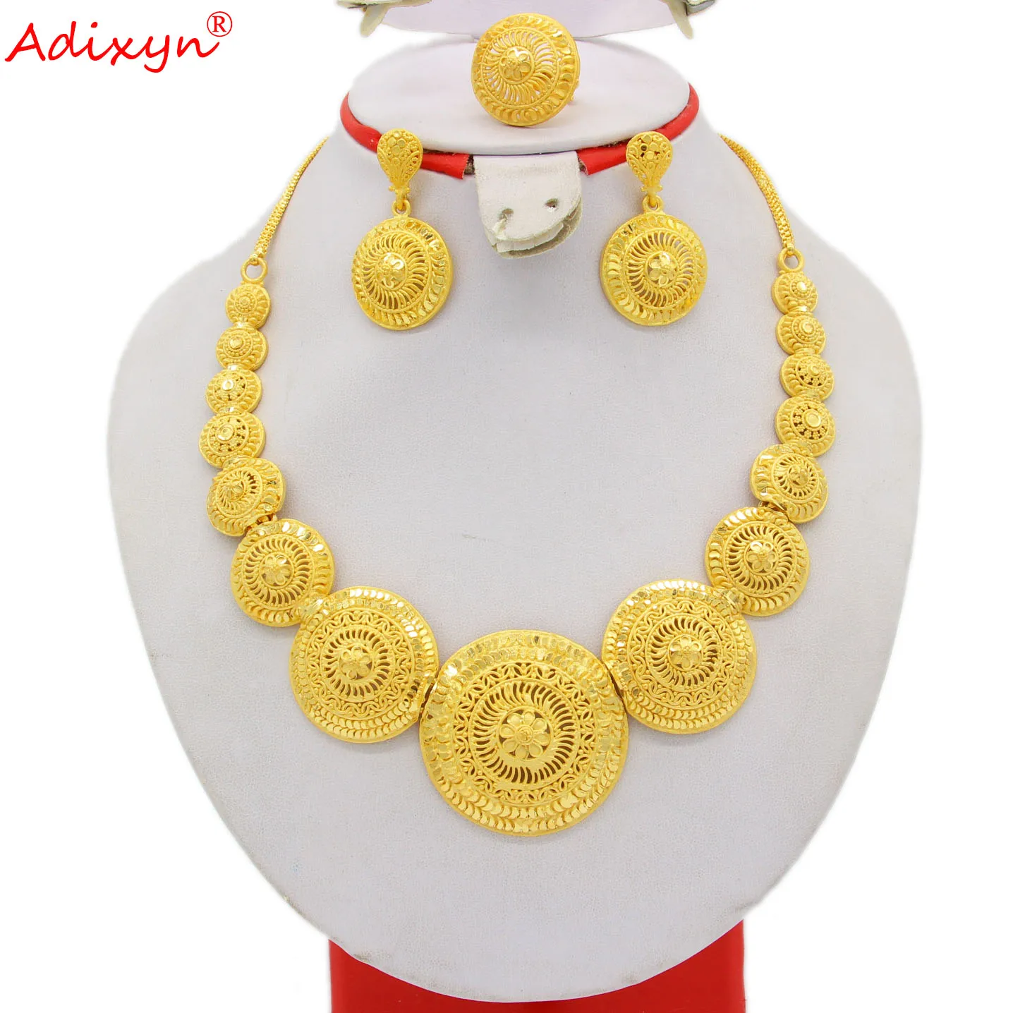 Dubai Gold Color Jewelry Sets for Women African Wedding Bridal Ornament Gift France Arab Round Necklace Earrings Ring Set N02217