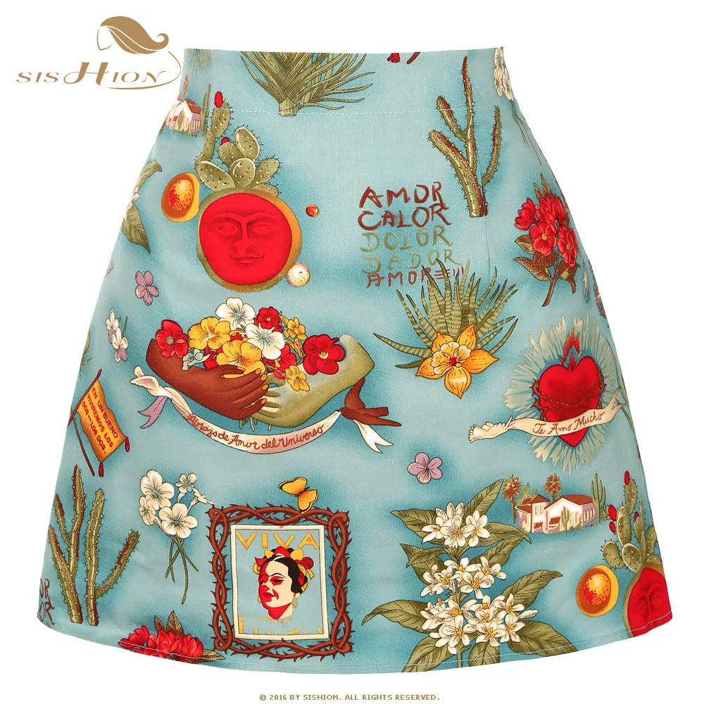 SISHION Retro Vintage Cotton Skirt Floral Print jupe femme Rockabilly Mini Skirts SS0008 Slim Ladies 40s 50s Green Women Skirt