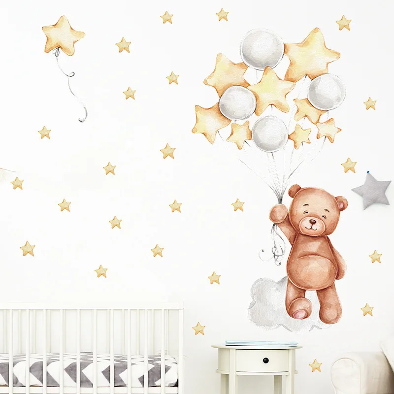 Bear Balloon Stars Cartoon Wall Stickers Child Kids Room Home Decoration Wallpaper Living Room Bedroom Decals Nursery Sticker