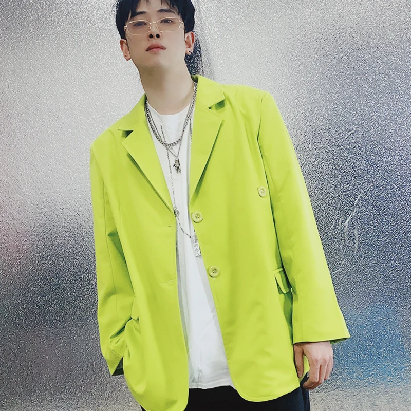 

Spring New Trend Men's Single-breasted Suit Coat Fashion Fluorescent Green Long-sleeved Jacket Hipster Nightclub Male Blazers