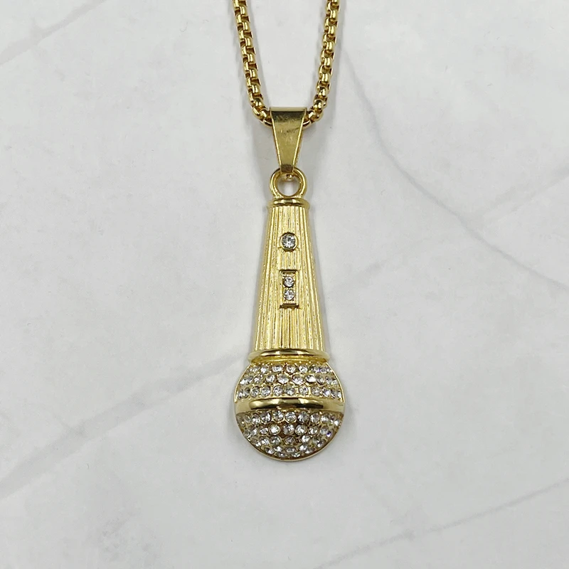 Rapper Microphone Stainless steel Necklace Pendant Men Women Gold Color Rhinestone Necklace Shellhard Hip Hop Jewelry