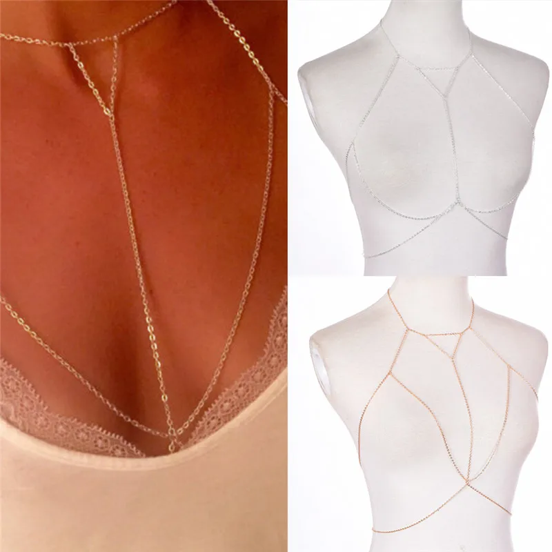 Gold Silver Fashion Link Chain Bra Multilayer Sexy Beach Bikini Harness V Necklaces Women Body Chain Jewelry Gift