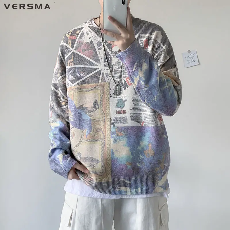 

VERSMA Japanese Harajuku Graffiti Print Sweater Men Women Pullover Kpop Streetwear Retro Knitted Unisex Sweater Men Dropshipping