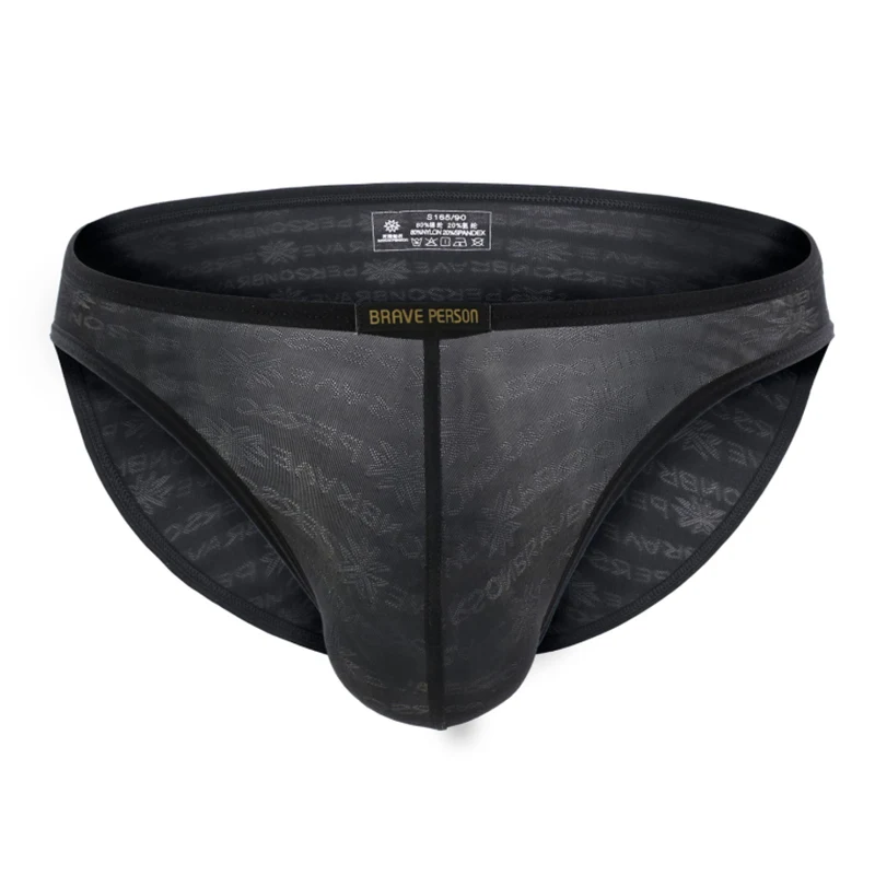 BRAVE PERSON-Calzoncillos de encaje transparente para hombre, ropa interior Sexy negra Gay, Bikini, calzoncillos de tela Jacquard suave