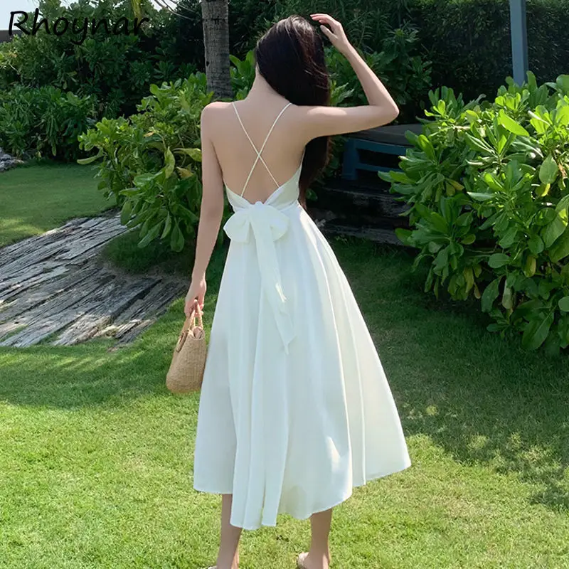 

Sleeveless Dress Women Summer New Fashion Solid Spaghetti Strap Temperament Mid-calf A-line Party Sexy V-neck Beach Cozy Vestido