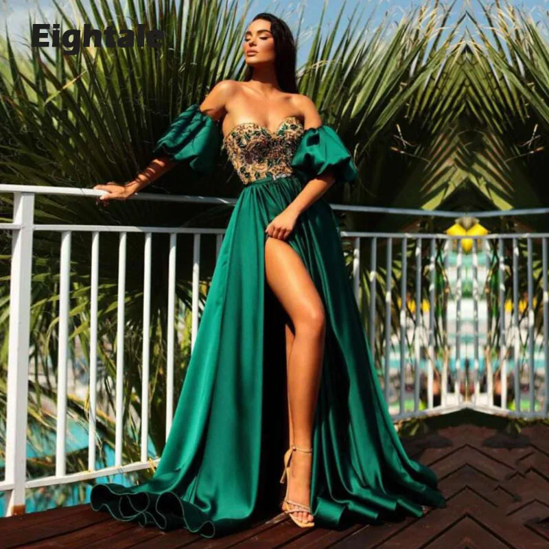 Vestido de noche árabe de Eightale, escote en forma de corazón verde con cuentas y diamantes de imitación, vestido de fiesta de manga corta abombada verde satinado personalizado