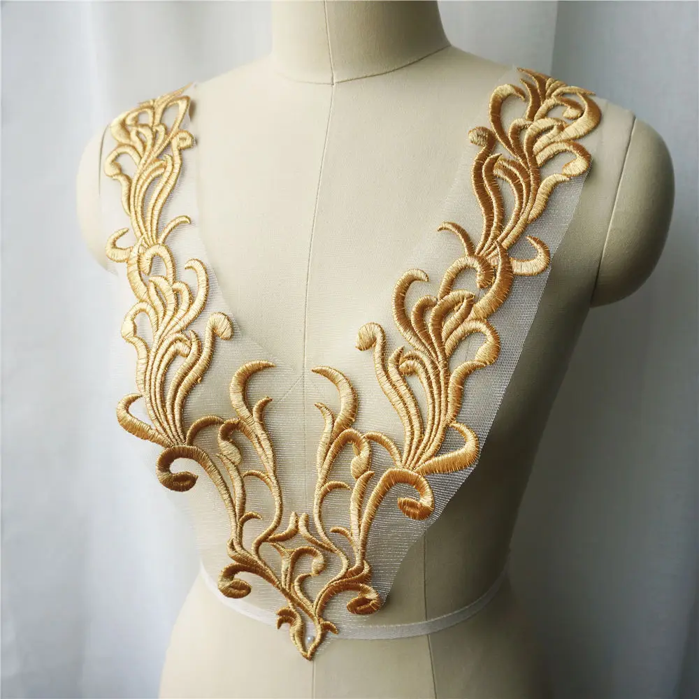 Gold Lace Fabric Embroidered Gown Appliques Flora Collar Mesh Baroque Vintage Sew On Patches For Wedding Decoration Dress DIY