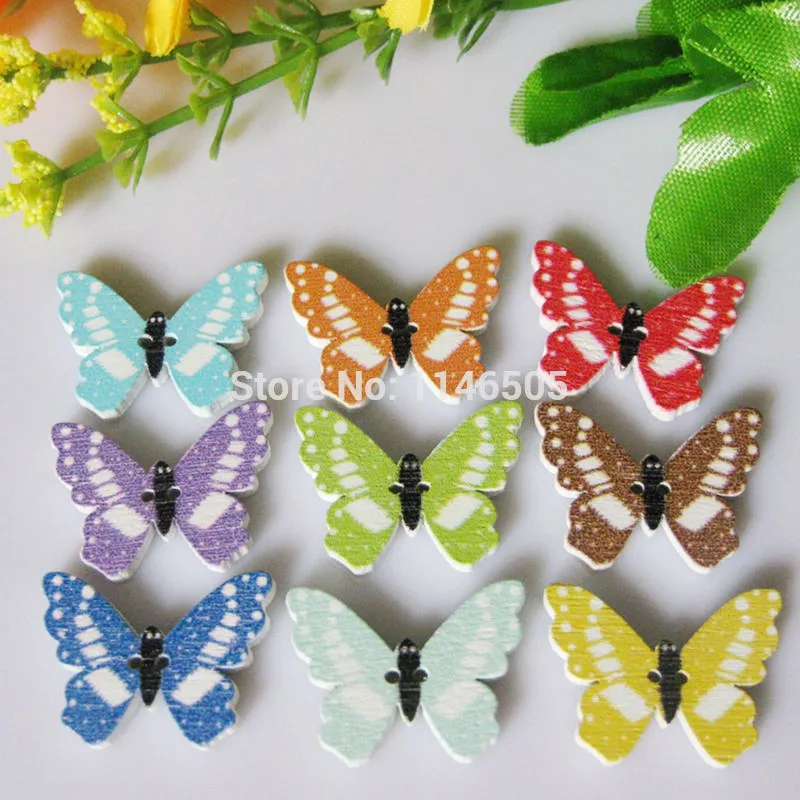 50pcs/lot Mixed Butterfly Buttons bulk Sewing Wood Buttons For craft Scrapbooking accessories Wooden Cartoon Buttons