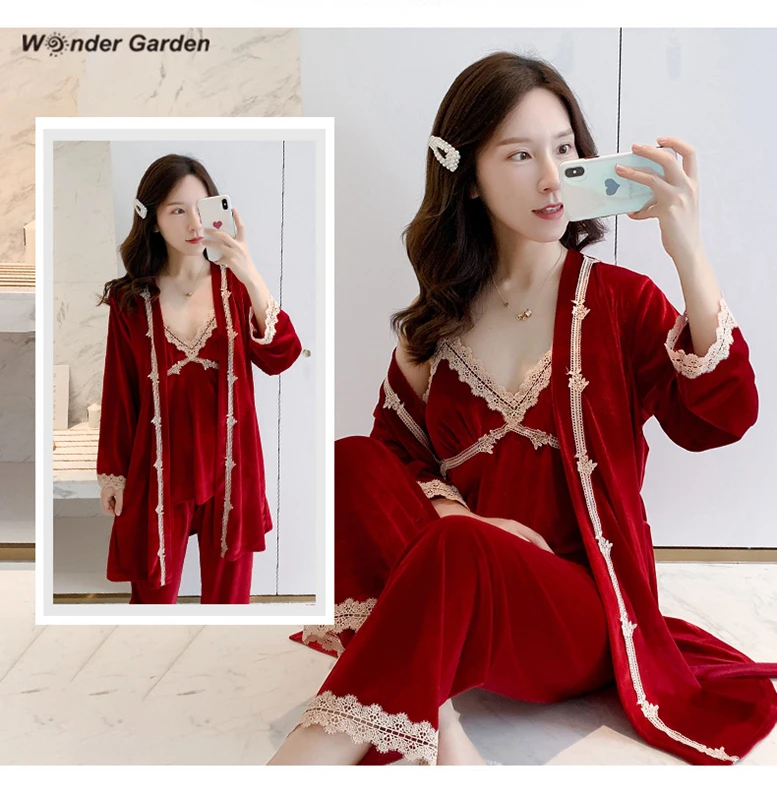 Wonder Garden Fshion Velvet Pajamas Set Woman Warm Sleepwear Letter Printing Casual Three-piece Suit Fall Winter Belt Nightwear