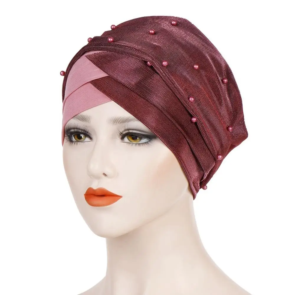 Écharpe de Sauna Islamique pour Femme Musulmane, Bonnet, Turban à Perles, Hijab, Casquettes Indiennes, Vide, 3 Plis