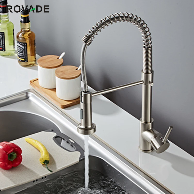ROVODE Kitchen Faucets Solid Brass Single Handle Single Lever Pull Down Sprayer Spring Kitchen Sink Faucet Matte Black 8032