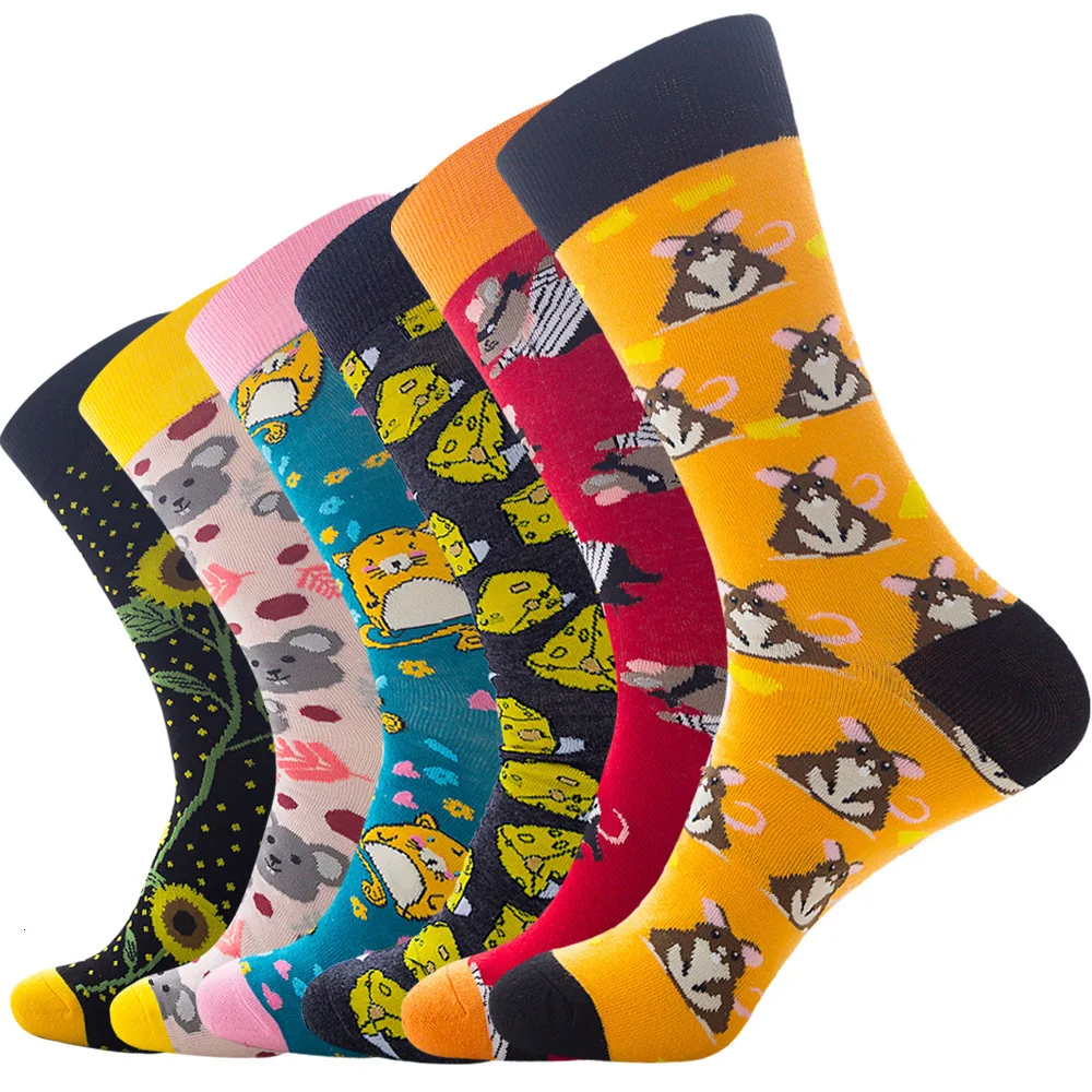 New  Autumn Winter Socks Men Funny Cartoon Hamster Cheese Printed Calcetines Harajuku Hip Hop Combed Cotton Happy Socks