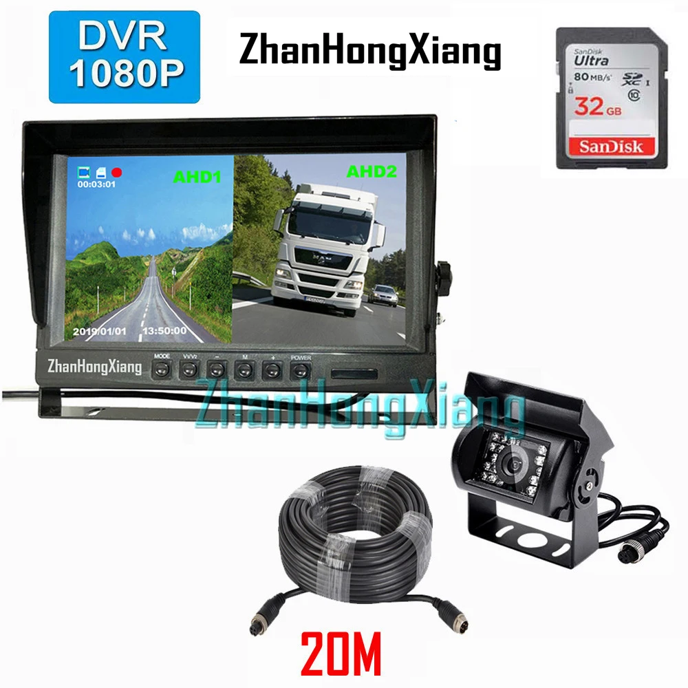 

AHD 1080P 18LED IR Reverse Backup Camera Kit with 9" HD IPS Car Rear View Monitor DVR Recording System RV Bus Truck 32GB