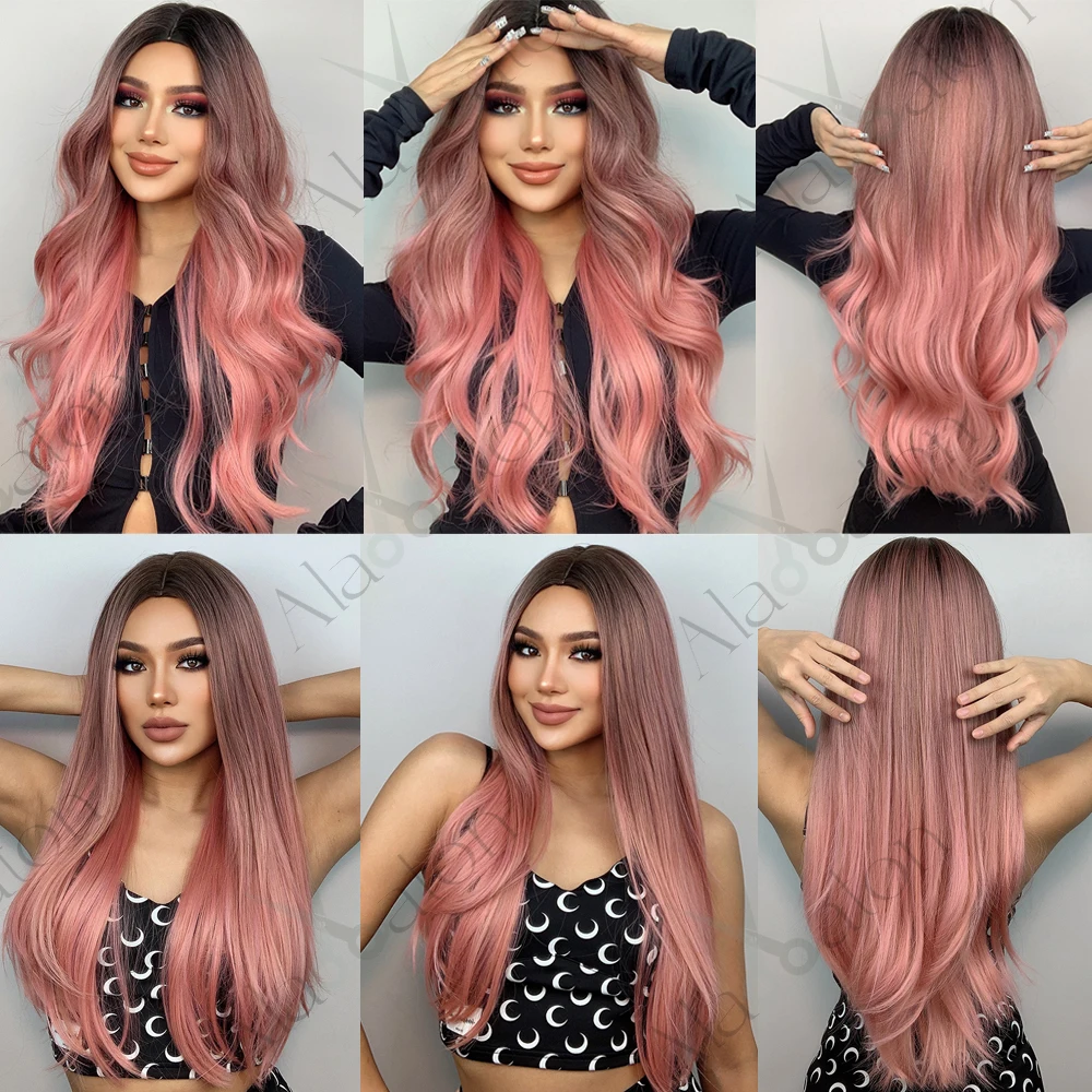 ALAN EATON Long Wavy Synthetic Wigs Ombre Black Pink Wigs for Women Cosplay Natural Middle Part Hair Wig High Temperature Fiber