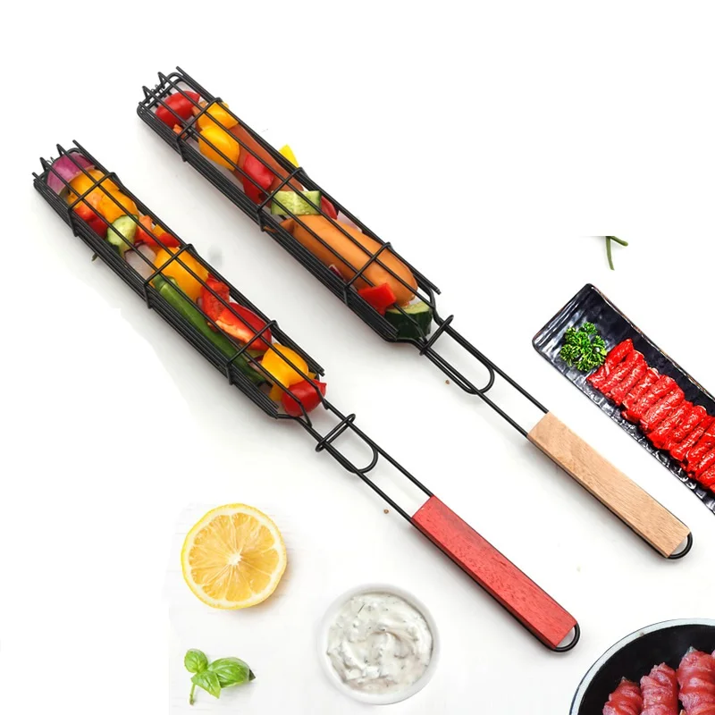 Nonstick Kabob Grilling Baskets BBQ Grill Mesh Steel Portable Fish Grilling Mesh Barbecue Basket BBQ Tools Kitchen Accessories