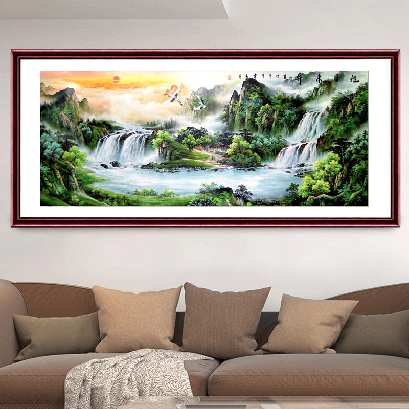 Printed Cross Stitch Needlework,DIY Living Room,Set For Embroidery Kit Full Cross-Stitching Silk Thread Landscape Mountain Sun