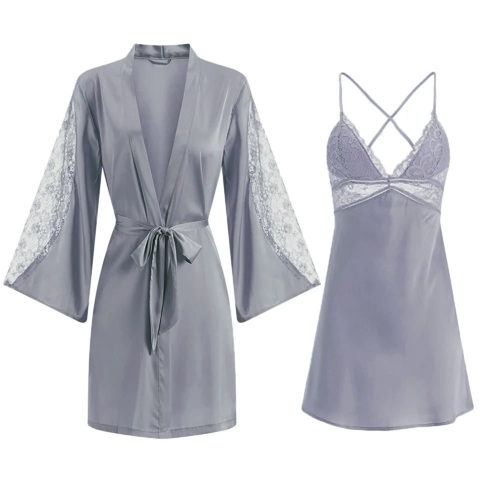 Robe Gown Sets Women Satin Lace Breathable Women Loose Sexy V-neck Sleepwear 2pcs Nightshirts With Chest Pads